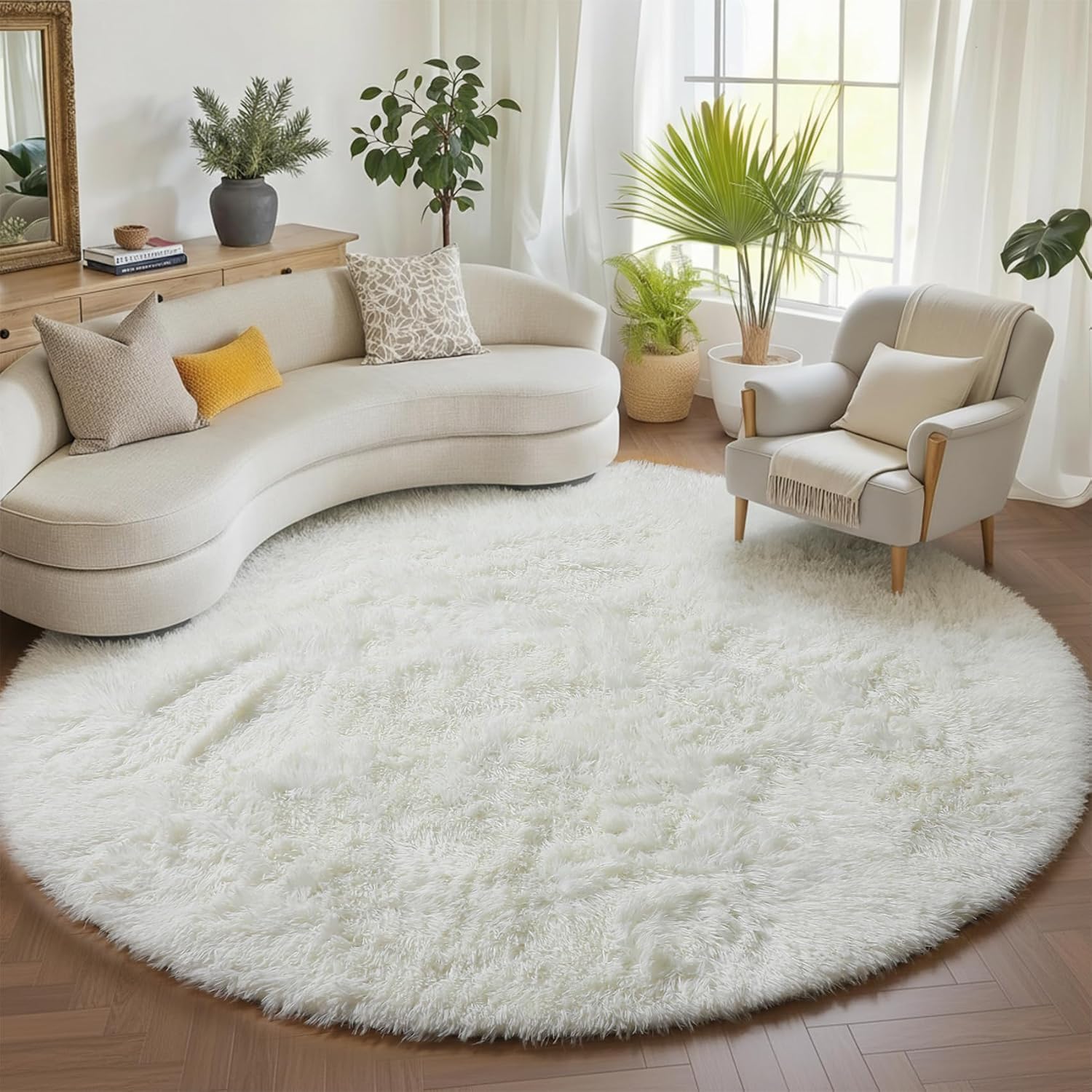 Cream White Round Area Rugs 6ft, Fluffy Soft Bedroom Circle Rug Floor Mat for Kids Girls Boys Teen Room, Fuzzy Plush Sha