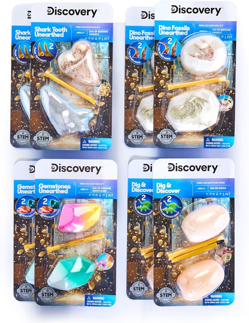 Discovery Mini Excavation Kit 8-Pack, STEM Science Dig Kit with 16 Hidden Discoveries, Genuine Gemstones, Shark Teeth, D