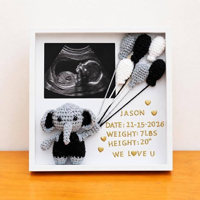 Ultrasound Picture Frame with Handmade Crochet Elephant, Personalized Baby Sonogram Keepsake Frame, Pregnancy Announceme