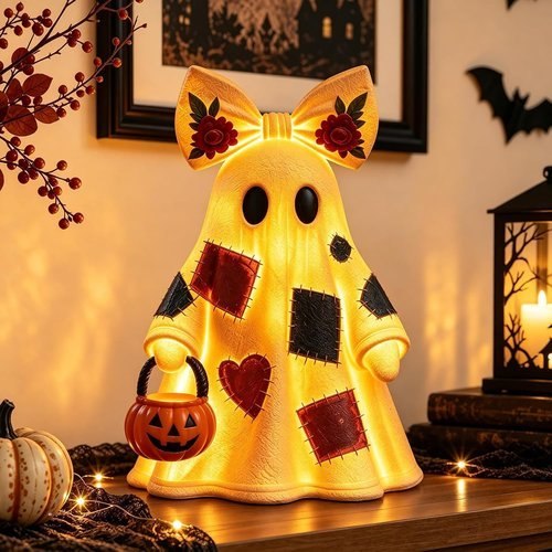 14 in Lighted Patchwork Ghost Figurine Halloween Decor with Remote