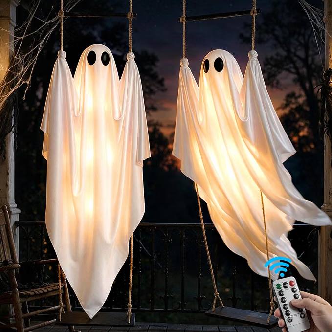 DUSFAN 2 Pack Halloween Decorations Outdoor, 5 FT Pre-Assembled Hanging Swinging Ghosts with Adjustable Arms, 8 Light Mo