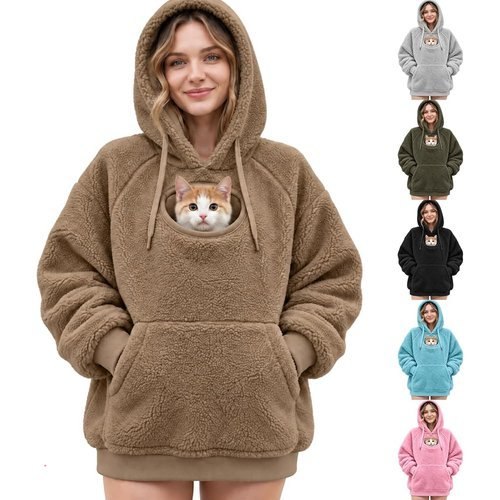 Pet Pouch Hoodie for Women Oversized Warm Fuzzy Plush Hoodie Pullover