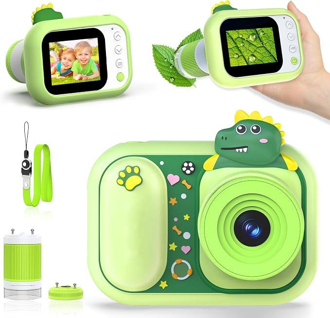 Dinosaur Kids Camera Microscope for Kids Handheld Mini Portable Digital Rechargeable 1000X with 2.4 Screen 1080P 3 in 1 