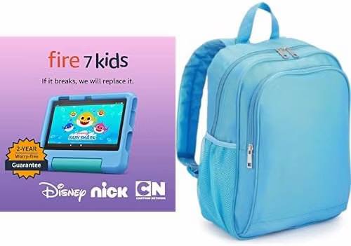 Amazon Fire 7 Kids Tablet Backpack Bundle — Bundle includes Amazon Fire 7 Kids tablet, 16GB, Blue & Blue Backpack