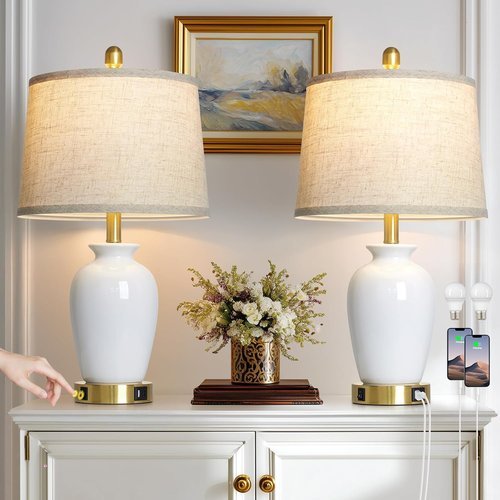 Cinkeda 23" Set of 2 White Ceramic Small Table Lamp for Living Room Bedroom