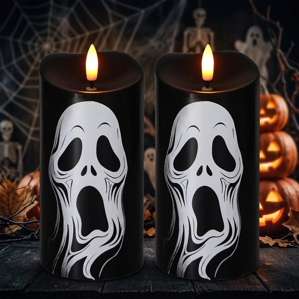 Halloween Black Flameless Pillar Candles with Ghost Decals, 2PCS