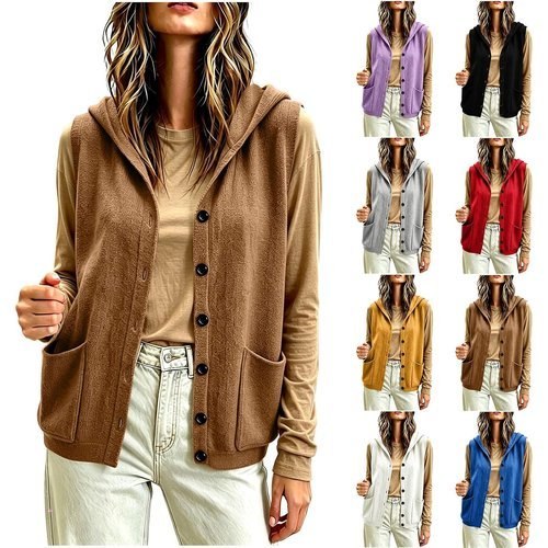Vest for Women Hooded Button Front Knit Sleeveless Cardigan with