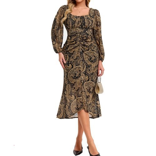 Womens Balloon Sleeve Ruched Smocked Empire Waist Mermaid Hem Dress