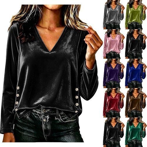 Women's Velvet Long Sleeve Shirt Elegant Dressy V-Neck Pullover Tops Holiday