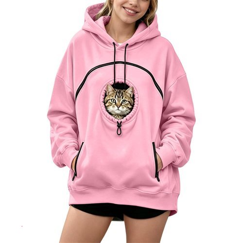 Womens Hoodie With Cat Pouch Zipper Pockets Dog Carrier Pet Pouch